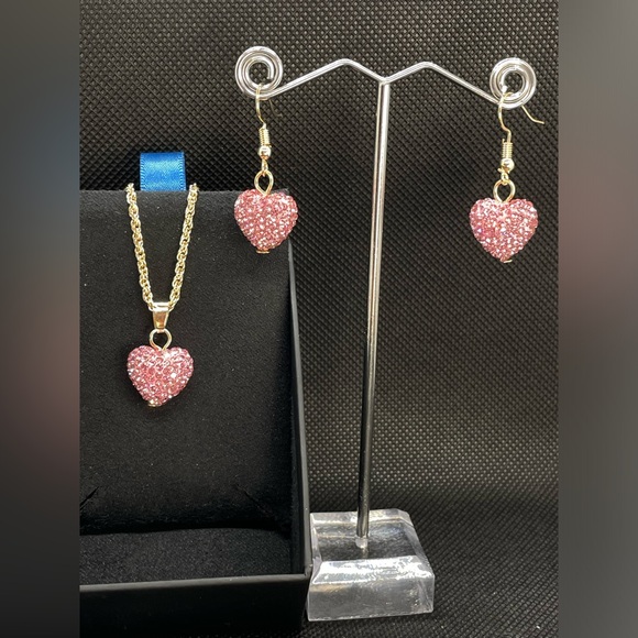 Jewelry - NIP! Set! Sparkling Pink Heart Earring & Necklace! Sparkling Pink Rhinestones!